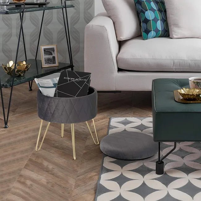 Tabouret Velours - VelvetRoundPuff™ - Gris Foncé - Mobilaura