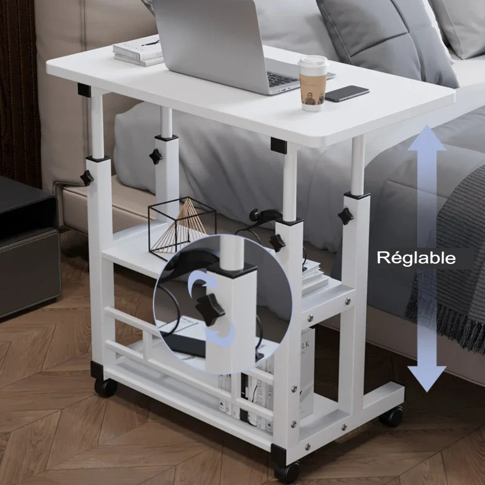 Description du bureau pour petit espace blanc réglable tourné vers le lit
