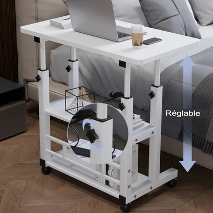 Description du bureau pour petit espace blanc réglable tourné vers le lit