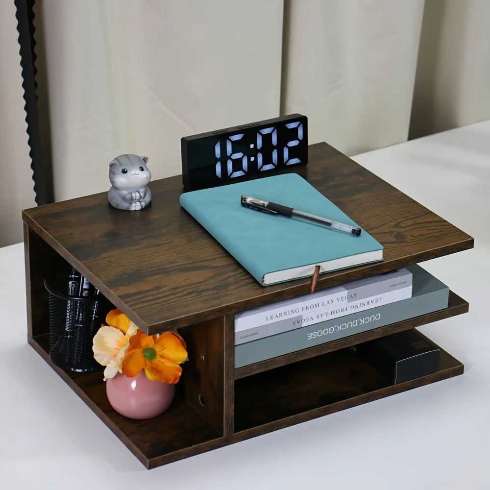 Etagère de bureau marron en bois munie d'une horloge et un agenda
