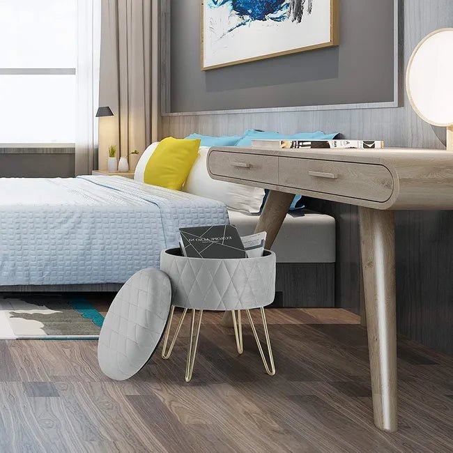 Tabouret Velours - VelvetRoundPuff™ - Gris Clair - Mobilaura